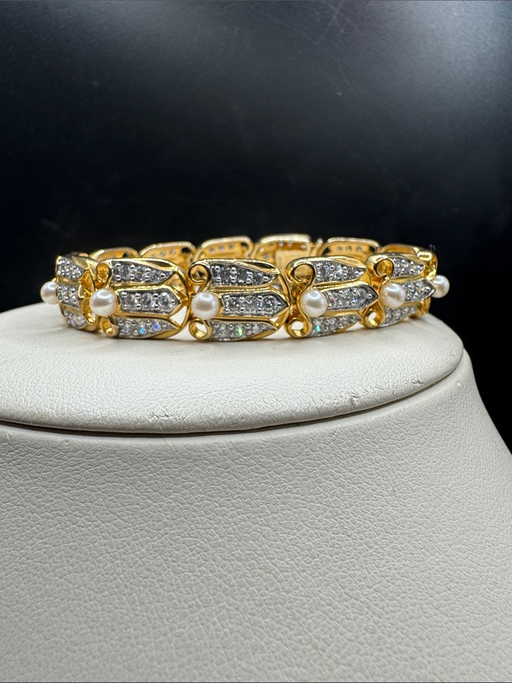 Gold-Tone Sterling Silver Real Pearl & Crystalw Link Bracelet - 6.75 inches